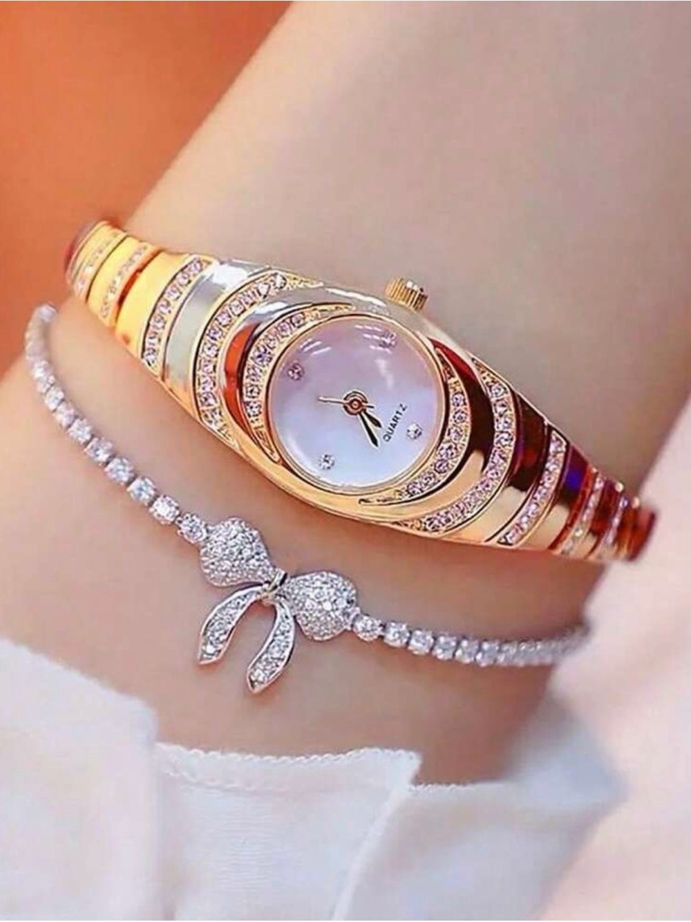 Rose Gold Crystal-Embellished Bracelet Watch